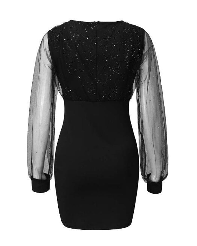 Avora Lyon | Robe Noire Élégante à Paillettes et Manches Transparentes