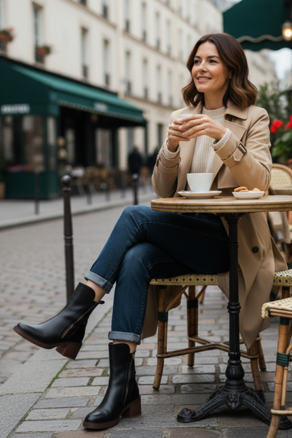Avora Lyon | Botte en cuir noire avec un talon confortable, élégante et intemporelle