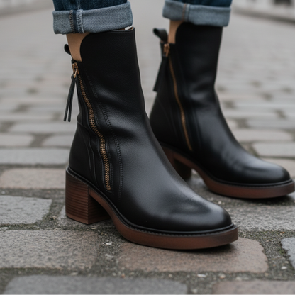 Avora Lyon | Botte en cuir noire avec un talon confortable, élégante et intemporelle