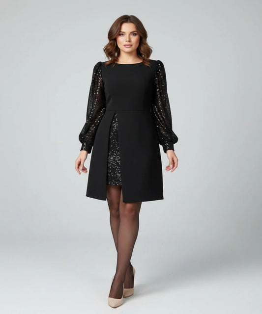 Avora Lyon | Robe Élégante À Manches Ballon Et Détails Patchwork