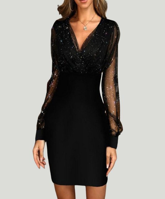 Avora Lyon | Robe Noire Élégante à Paillettes et Manches Transparentes