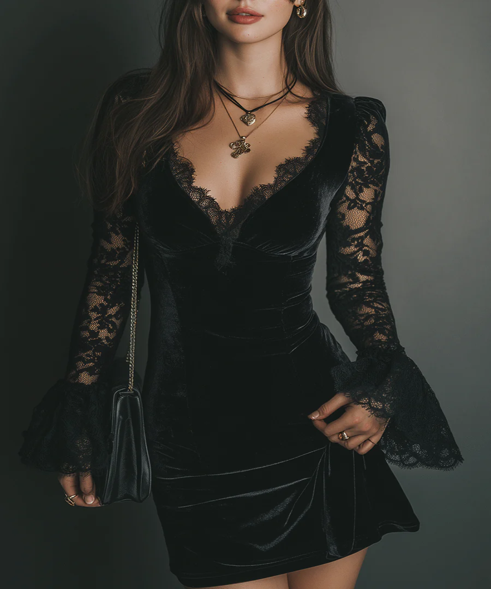 Avora Lyon | Mini robe en velours et dentelle Avora